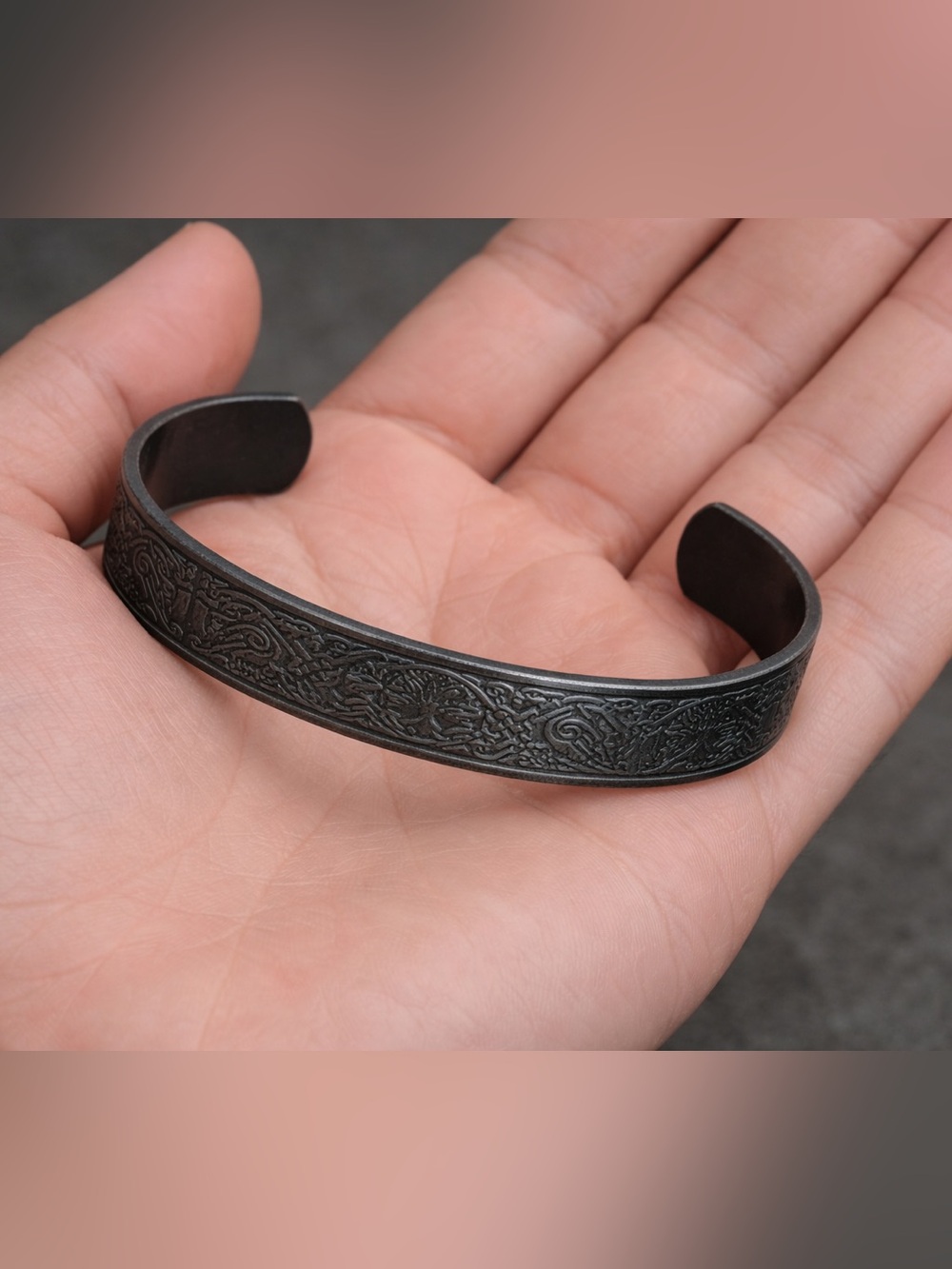 Men's Tree of life Embossed Black Metal Cuff Bracelet